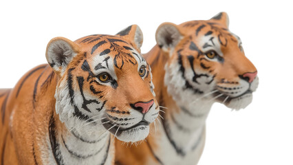 Fototapeta premium Two realistic tiger figurines closeup isolated on the transparent background, wildlife decor, detailed orange black stripes, animal figurine trend