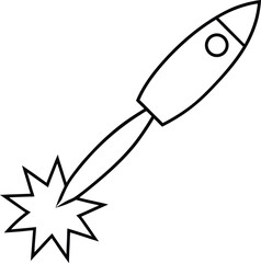 Obraz premium Vector art of a simple black and white line drawing of a rocket ship blasting off, leaving a trail of stars behind it, isolated on a