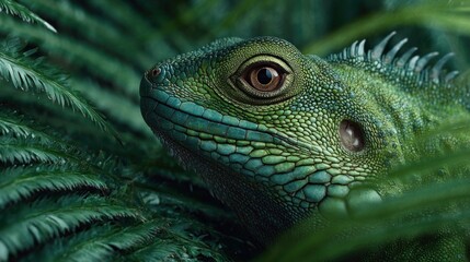 Obraz premium Green Chinese Water Dragon lizard peers from ferns with intricate scales