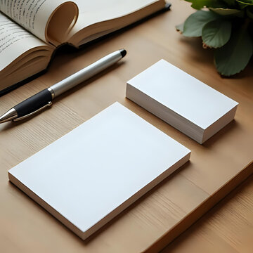 Blank business cards and a pen on a wooden desk next to an open book, perfect for branding mockups