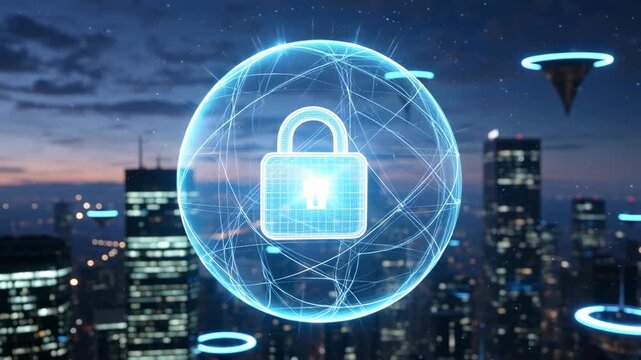 Global digital security network concept over smart city skyline at dusk - Powered by Adobe