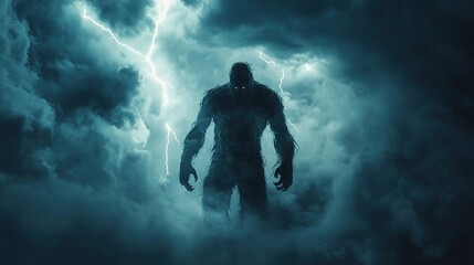 Gigantic creature silhouette hidden within thunderclouds at night,