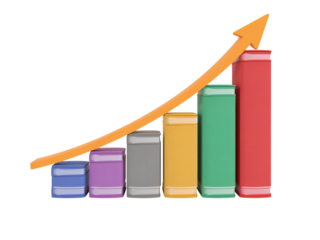 Colorful Books Stacked as Bar Graph with Upward Trending Arrow Keywords: book, stack, bar graph, chart, growth, education, learning isolated on a transparent background