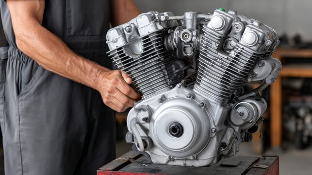 Mechanic inspecting motorcycle engine close up view repair service maintenance workshop