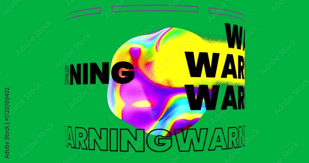 Poster Design showing neon blob swirling rainbow on transparent field warning text solid-outlined-dotted