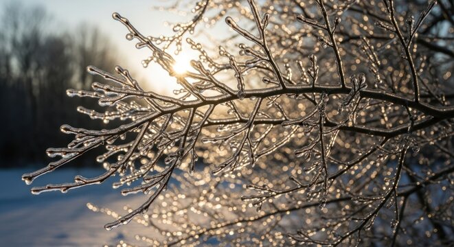 A branch of a tree covered with snow with morning sunlight