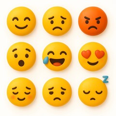 Fototapeta premium A vibrant set of three-dimensional emoticons displaying a spectrum of human emotions, from happiness and love to anger and sleepiness