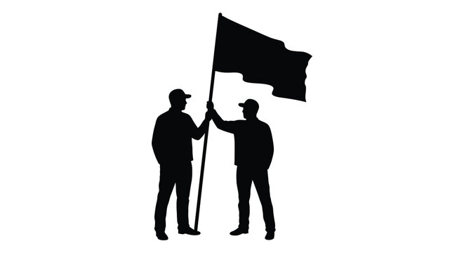 Two men silhouette holding a black flag high symbolizing unity achievement and triumph isolated on white background