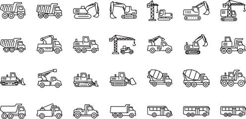 Illustration of collection of construction and transport vehicle icons isolated on white background