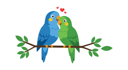 Charming pair of lovebirds perched together on a branch with heart detail isolated on white background