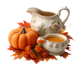 Autumn harvest decoration with pumpkin fall leaves still life cozy isolated on transparent background