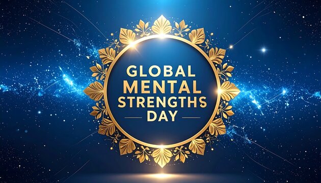 Gold-edged circle proclaims Global Mental Strengths Day on a dark-blue, digital backdrop