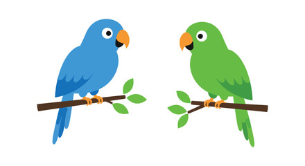 Two cute cartoon parrots one blue one green perched on branches together isolated on white background