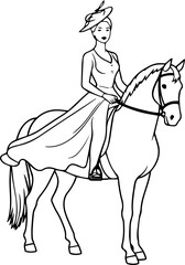 Black and white line art of a beautiful woman with perfect body riding horse elegant minimalist illustration