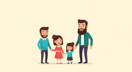 Illustration of happy gay family with two daughters holding hands in flat vector style for family concept design