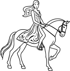 Black and white line art of a beautiful woman with perfect body riding horse elegant minimalist illustration