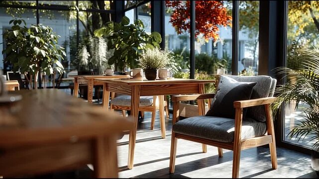 cozy tables cafe with interior large sunlight calm chairs, streaming autumn red windows, greenery outside with through wooden orange mixed and leaves, cinematic photograph, and peaceful mor 65547439 1