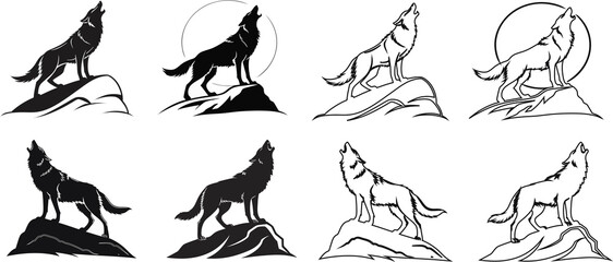 Minimal wolf icon set featuring howling silhouettes, ideal for adventure branding, hunting logos, and nature artwork. © Muhammad