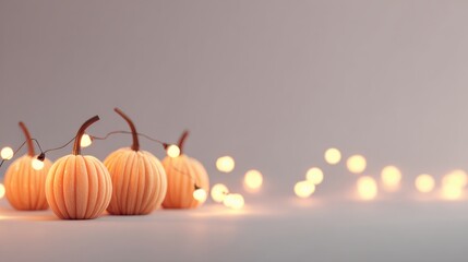 Decorative autumn pumpkins with fairy lights on subtle background for cozy fall celebration