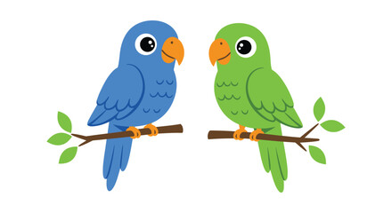 Two cute cartoon parrots sitting on a branch together blue and green avian friends isolated on white background