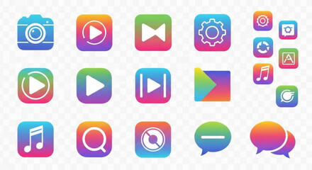 Gradient app icons set media player camera settings chat music search ui design elements for mobile applications