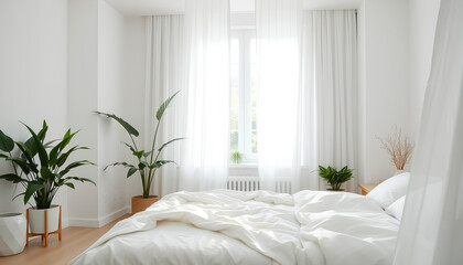 Eco-modern bedroom with flowing sheer white curtains, soft sunlight through window, indoor plants, linen textures, calming and clean 2