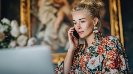 Fototapeta premium Businesswoman engaged in phone conversation elegant office setting lifestyle content warm environment close-up view professionalism