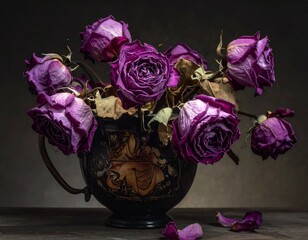 Fototapeta premium Dark Still Life of Purple Roses in Vase