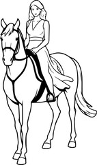 Black and white line art of a beautiful woman with perfect body riding horse elegant minimalist illustration