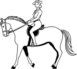 Fototapeta premium Black and white line art of a beautiful woman with perfect body riding horse elegant minimalist illustration