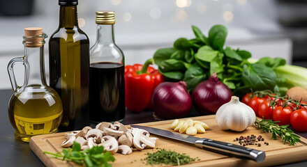 Still life of cooking ingredients on a wooden cutting board with bottles and fresh vegetables