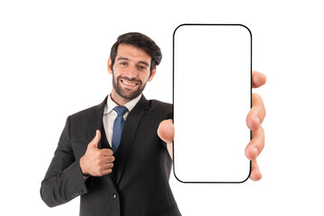 Portrait working Asian business handsome man ware suit showing big smart phone with blank screen , white screen for Mobile App Advertising isolated on a transparent background