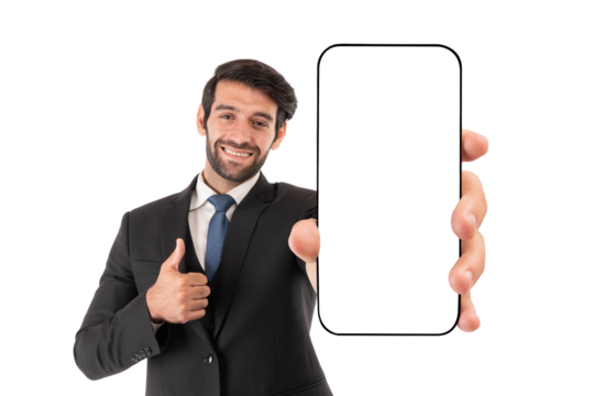 Portrait working Asian business handsome man ware suit showing big smart phone with blank screen , white screen for Mobile App Advertising isolated on a transparent background - Powered by Adobe