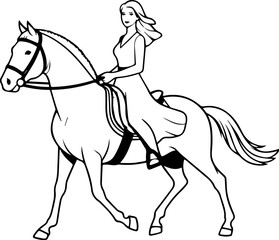 Black and white line art of a beautiful woman with perfect body riding horse elegant minimalist illustration