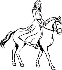 Black and white line art of a beautiful woman with perfect body riding horse elegant minimalist illustration