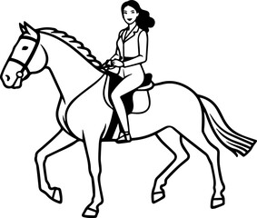 Black and white line art of a beautiful woman with perfect body riding horse elegant minimalist illustration