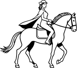 Fototapeta premium Black and white line art of a beautiful woman with perfect body riding horse elegant minimalist illustration