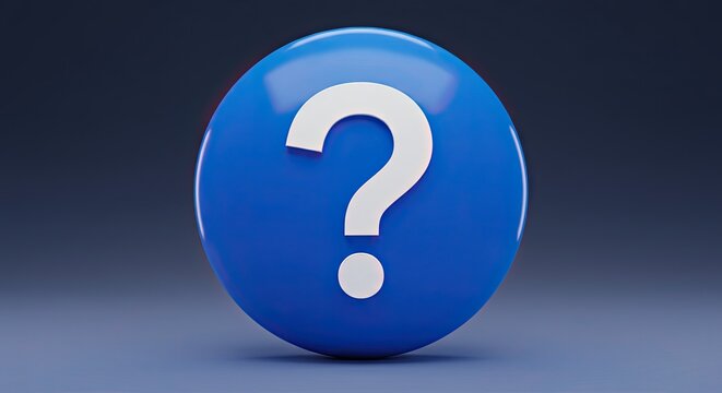 A glossy blue sphere featuring a bold white question mark, symbolizing inquiry and uncertainty.