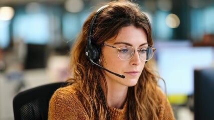 Medium shot of a customer service agent speaking to a voiceresponsive AI guide through a headset the agent in sharp focus with an indistinct office setting behind - Powered by Adobe