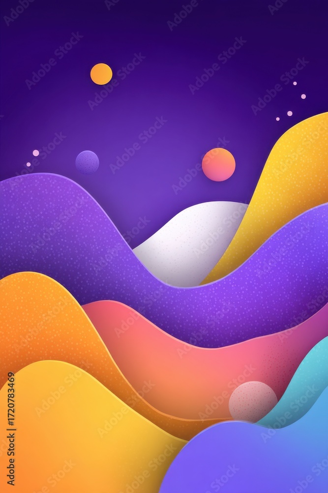 Poster colorful abstract waves with a vibrant gradient and spherical elements