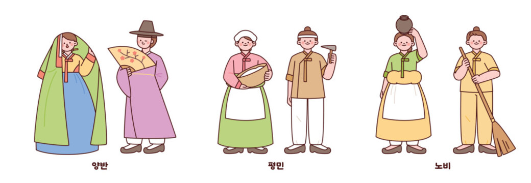 Characters of the Joseon Dynasty's social classes: Yangban, commoners, and slaves. outline character vector illustration.