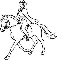 Black and white line art of a beautiful woman with perfect body riding horse elegant minimalist illustration