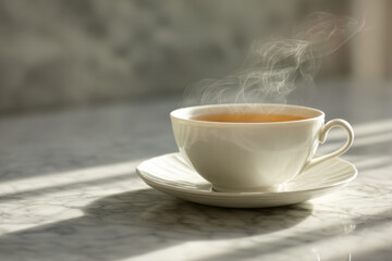 serene morning scene featuring white cup filled with tea placed elegantly on marble surface