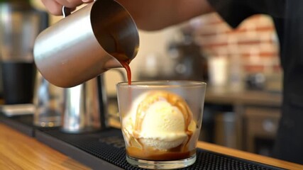 Pouring espresso over ice cream