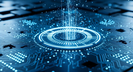 Close-up of a futuristic blue circuit board with glowing neon lines and dots, conveying a technological and innovative mood.