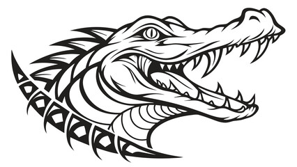 Stylized Crocodile Head with Open Jaws and Sharp Teeth in Black and White