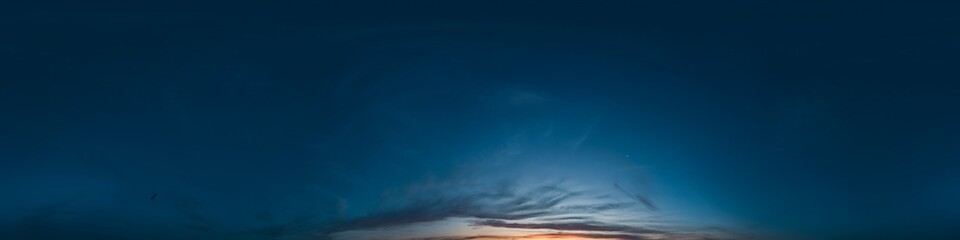 Dark moody twilight Sunset sky 360 panorama with bright glowing red pink Cirrus clouds. HDR 360 seamless spherical panorama. Sky dome for aerial drone panoramas. Climate and weather change