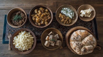 Rustic spread of traditional Balkan cuisine served in handcrafted wooden bowls