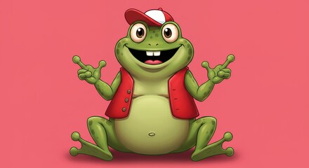 Obraz premium Cartoon frog with red vest and cap