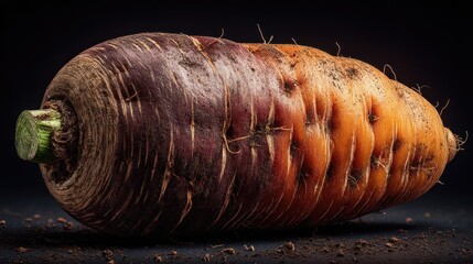 Close-up of a vibrant, gradient carrot with unique coloration and textures
